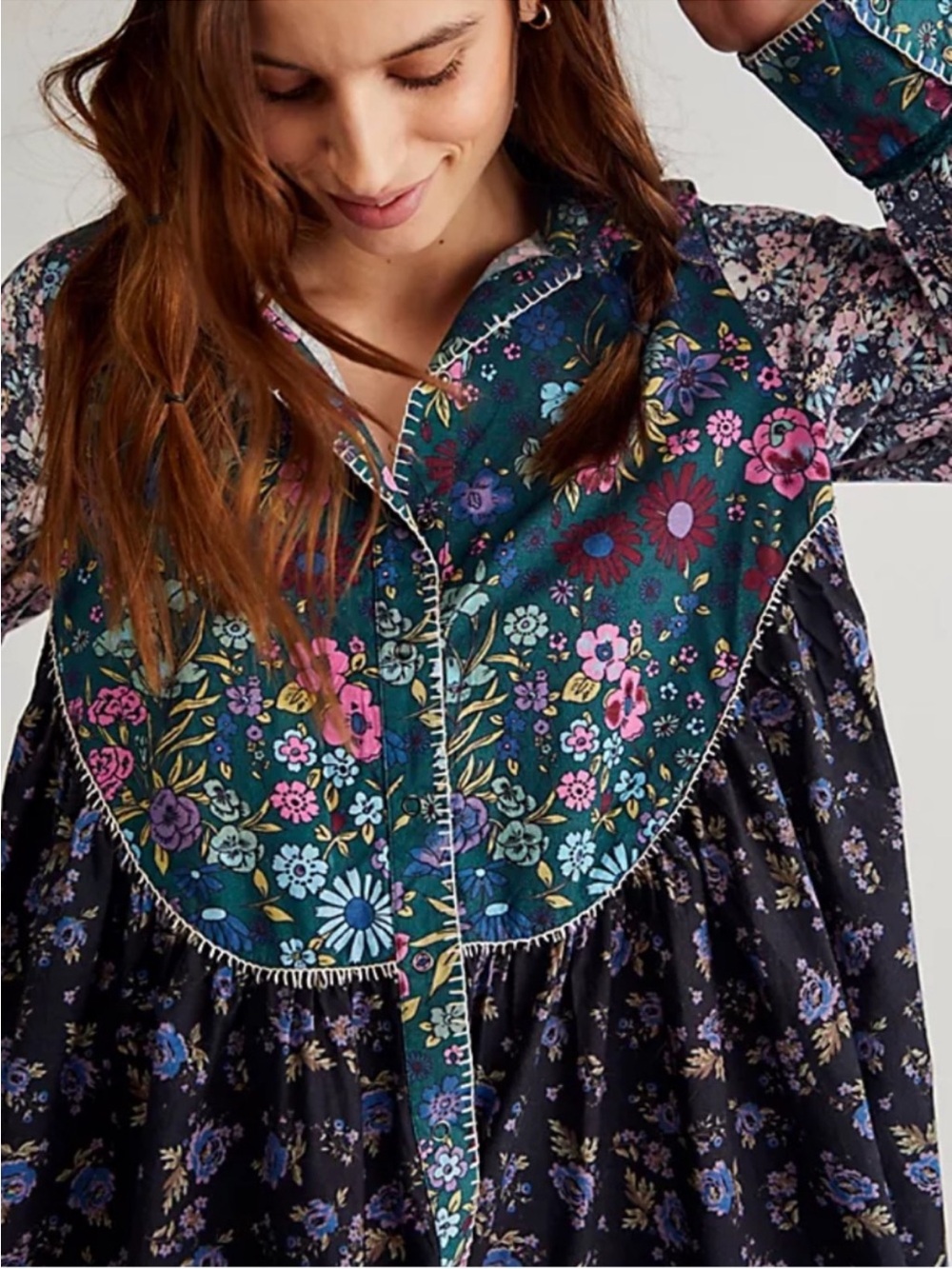Free People My Time Shirt Dress Floral Patchwork Long-Sleeve Tunic Mini Dress